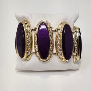 Purple Oval Gold Tone Panel Oversized Cuff Link Bracelet Dramatic Statement